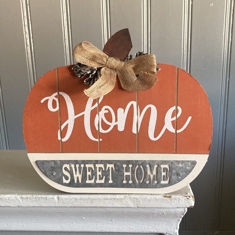 NWT HOME SWEET HOME Slatted Solid Wood & Galvanized Pumpkin Decor Sign 🍁s & Bow